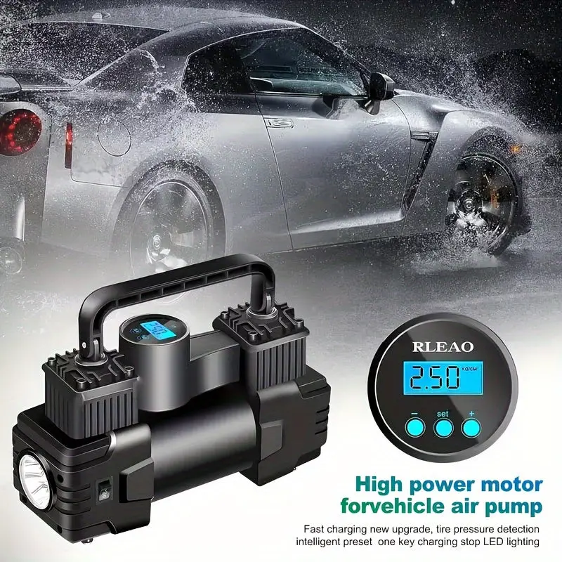 Direct Fit Portable 12V 150 PSI Dual Cylinder Air Compressor Tire InflatorLED Digital Pressure Gauge, LED Light, and Automatic Tire Pump for SUV, Truck, Car, Bicycle, Basketball, Misc