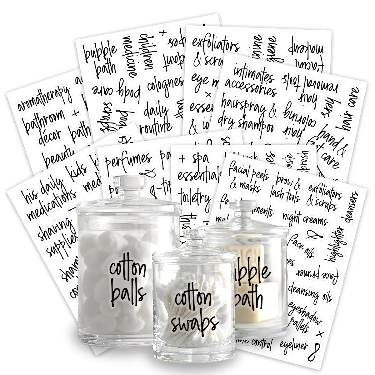 8sheets/189pcs Bathroom Beauty Script Labels, Beauty and Makeup Adhesive Stickers, Bathroom Organization Labels Black Bathroom Beauty Labels, Beauty Care Bathroom Stickers, Sticker Packs, Label Set