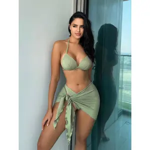 Swim Summer Beach Textured Bikini Set Push Up Bra & Bikini Bottom & Cover Up 3 Pieces Bikini