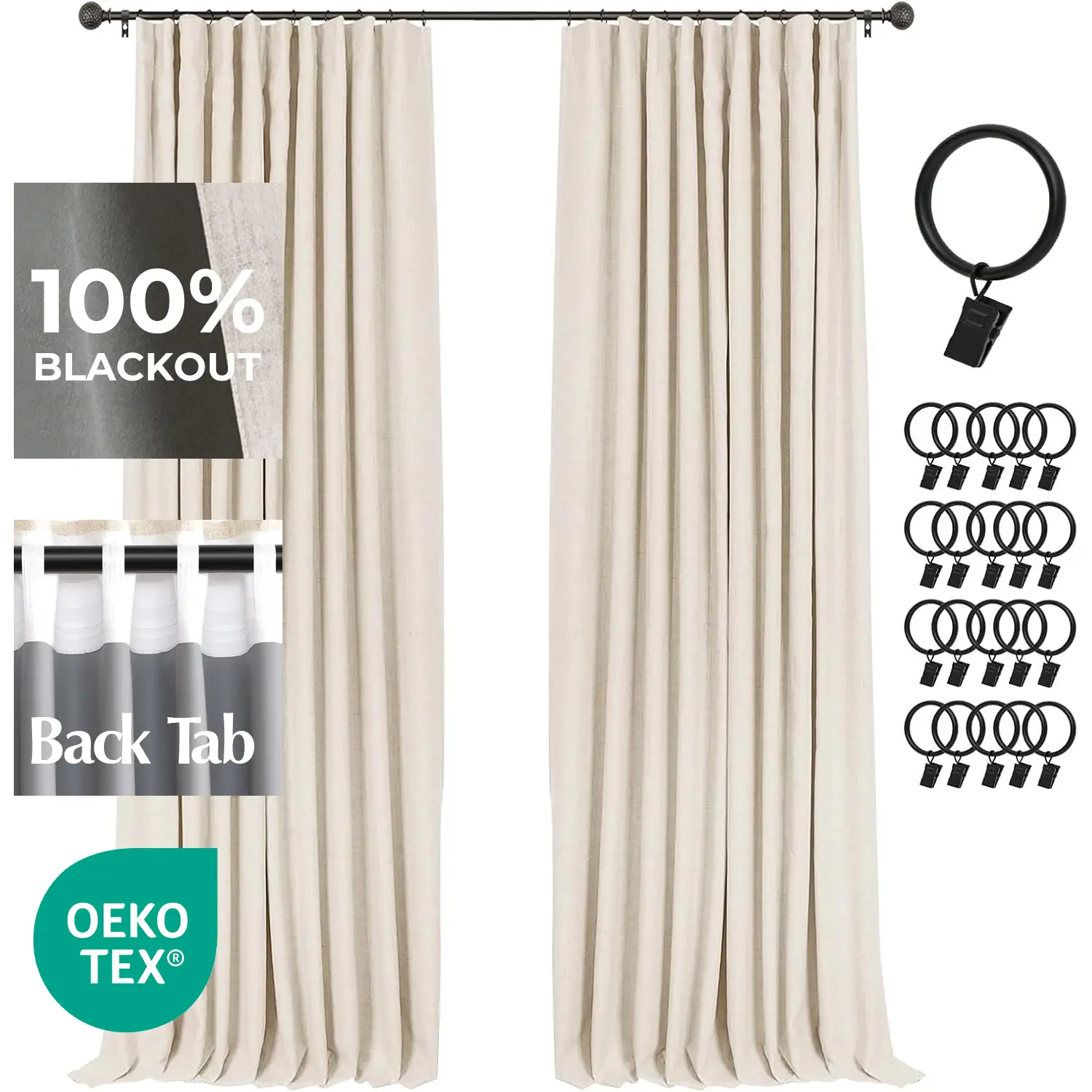 Inovaday 2pcs Blackout Curtains Linen Curtains for Living Room Bedroom Window Drapes Clip Rings/Rod Pocket Linen Black Out Curtains Thermal Insulated
