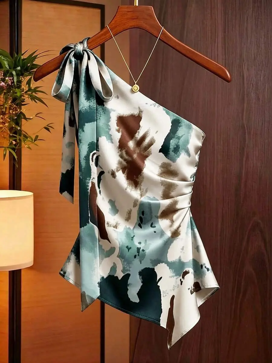 Women's Asymmetrical Satin Blouse Bow Decor Sleeveless Fitted Shirt for Party and Work