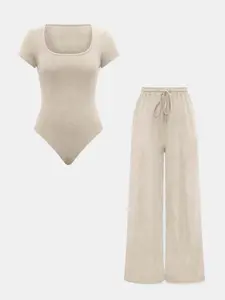 Women's Solid Ribbed Knit Square Neck Bodysuit & Drawstring Waist Pants Two-piece Set, Casual Fashion Cozy Two Piece Outfits for Daily Outdoor Wear, Women's Clothes Womenswear for Fall & Winter