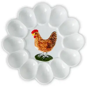 dgudgu Ceramic Deviled Egg Platter White Deviled Egg Tray With Chicken Pattern Decorative