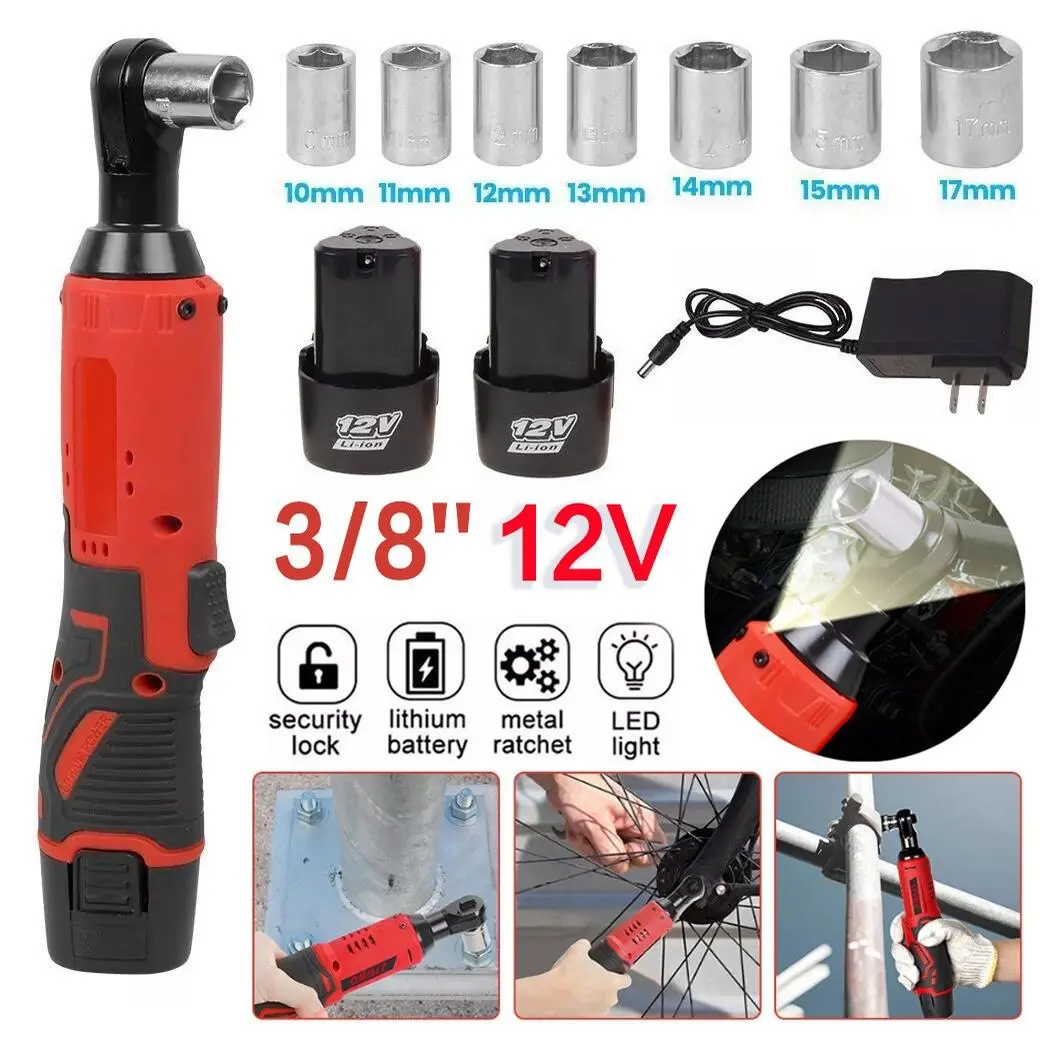 Electric Cordless Ratchet 3/8" Right Angle Wrench – 12V 2 Batteries | 60N.m Torque 2000RPM | One-Touch Forward/Reverse | Perfect for Car Repair, Truss & Stage Construction