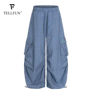 Unisex Plaid Cargo Pants Drawstring  Waisted Wide Leg Y2K Casual Trousers Trendy Baggy Streetwear Parachute Pants low waist Sweatpants bottoms Blue Style