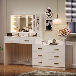Large Vanity Desk with 3 Color Touch Screen Dimming Mirror, Vanity Desk with Charging Station, Modern Retractable Makeup Dressing Table with Storage Shelves and 8 Sliding Drawers, White, Black