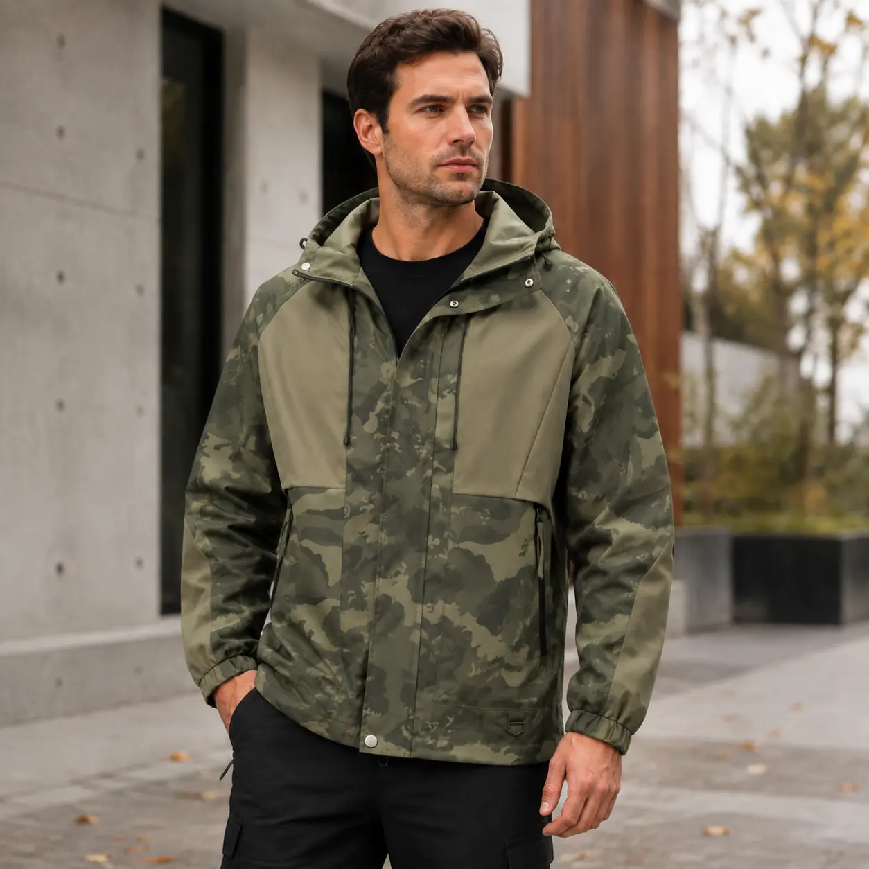 Men's Camouflage Hooded Jacket, Colorblock Multi-Pocket Full-Zip Outdoor Utility Jacket for Hiking, Camping, Fishing & Everyday Wear