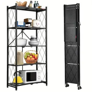 No Assembly Foldable Storage Shelf with Lockable Wheels, 5 Tier Heavy Duty Metal Rolling Storage Rack, 5 Seconds Install Collapsible Shelving Unit, Large Capacity Freestanding Organizer for Kitchen Pantry Bathroom Living Room Office Small Apartment