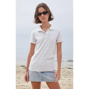 John Galt Women's White & Light Blue Striped Polo Shirt