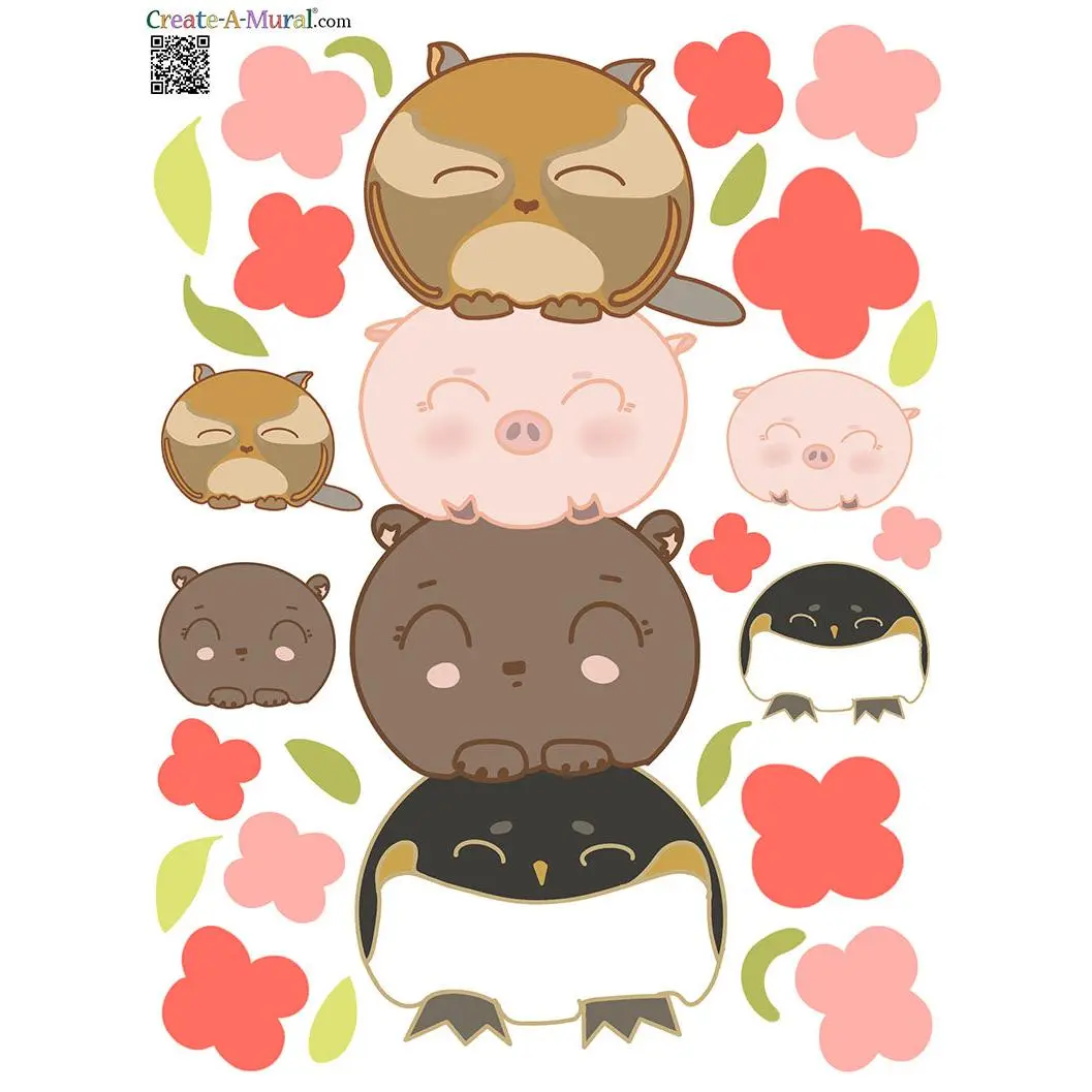 Kawaii Animal Wall Decals - Cute Cartoon Farm Animal Stickers for Girls Room Decor with Flowers & Accent Leaves
