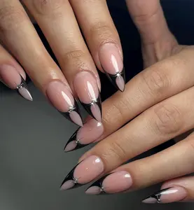 Gothic Black Press On Nails: Rhinestone Design, Handmade Long Nail Set