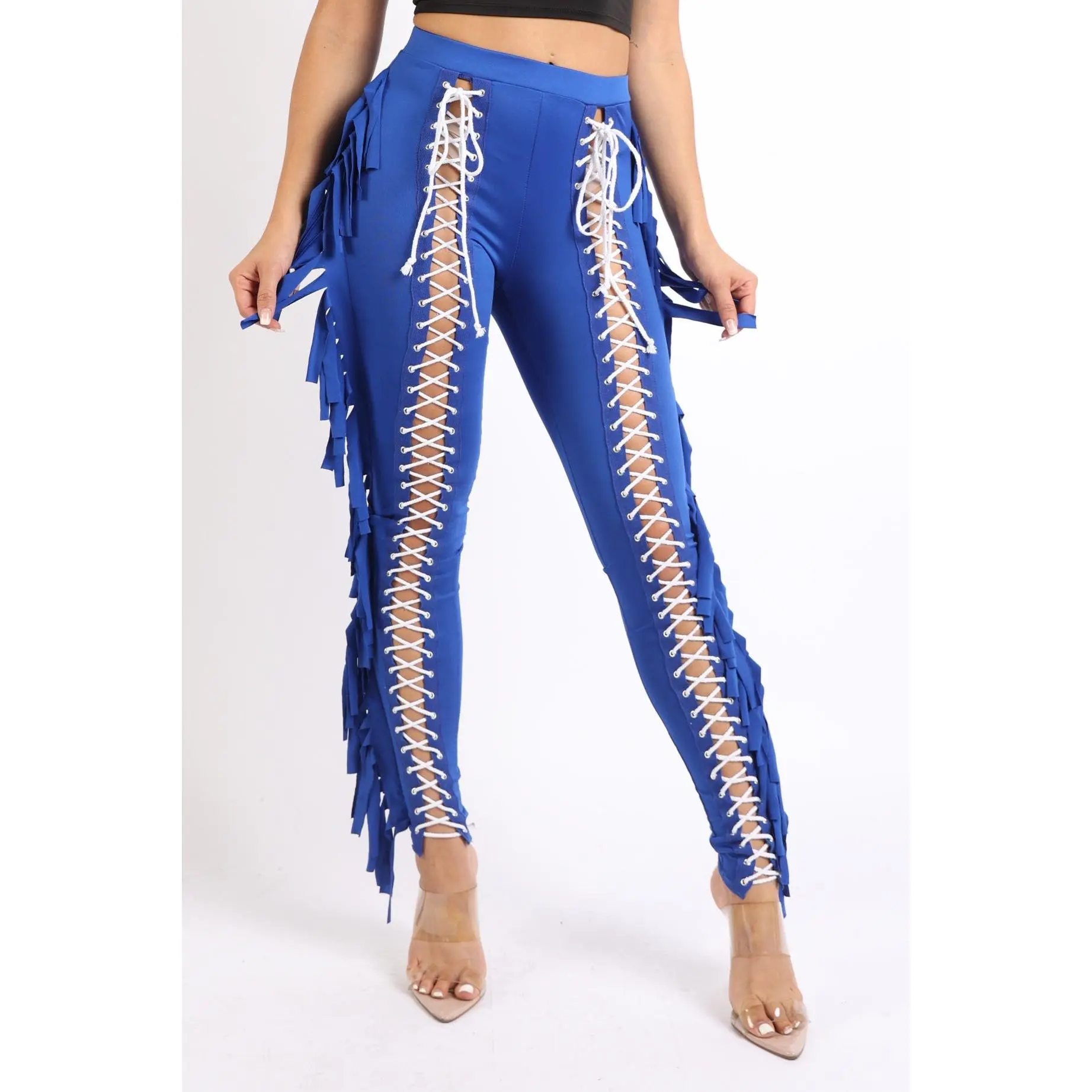 Chic Lace up Detailed Fringe Tassel Pants Leggings ROYAL Womenswear Bottom