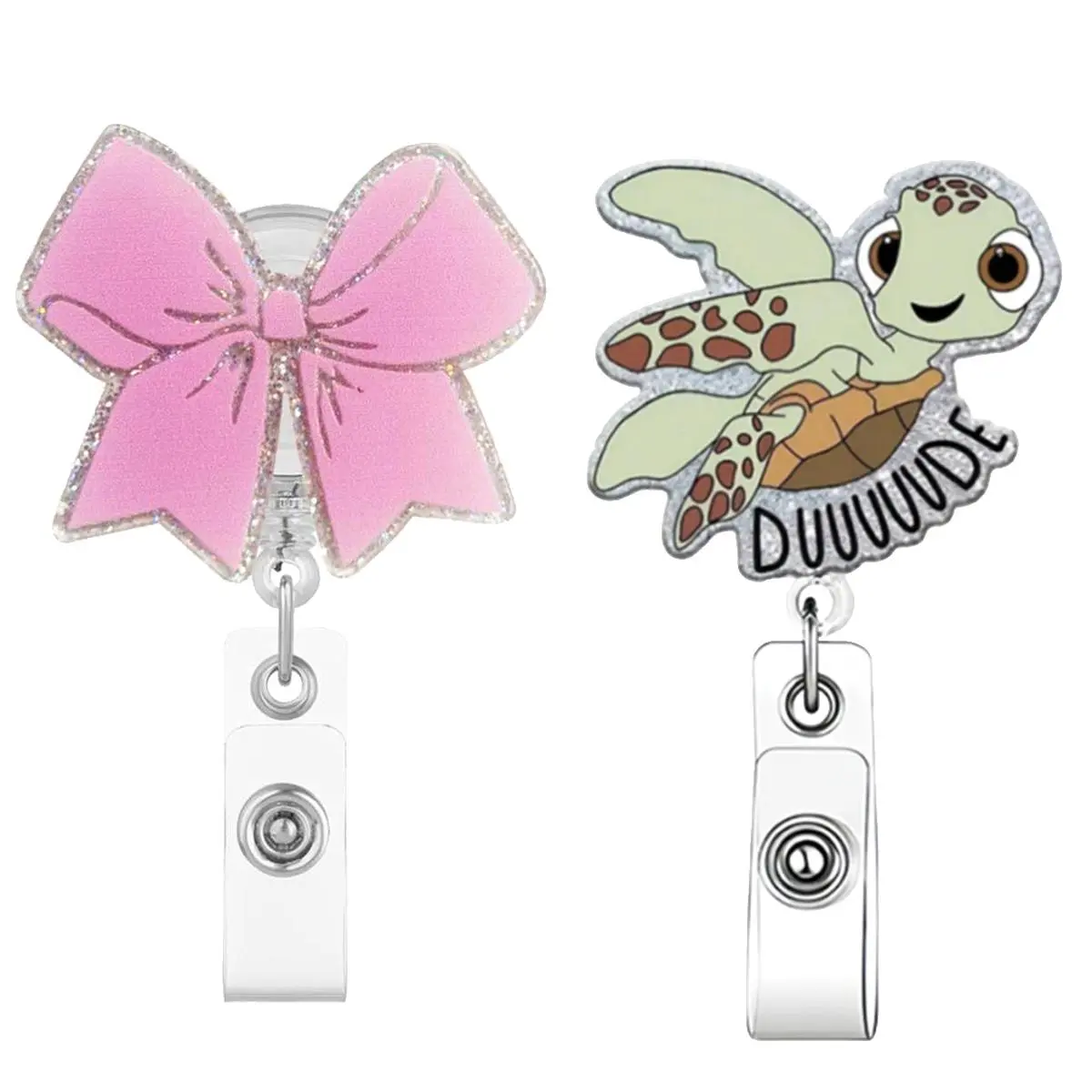 Turtle & Bow Design Animal Shaped Badges Badge Holder, Id Badge Holders Retractable, 2 Counts/set Cute Retractable Badge Reel, Nurse Badge Reel, Nursing Badge Reel, Identification Badges & Supplies for Office School