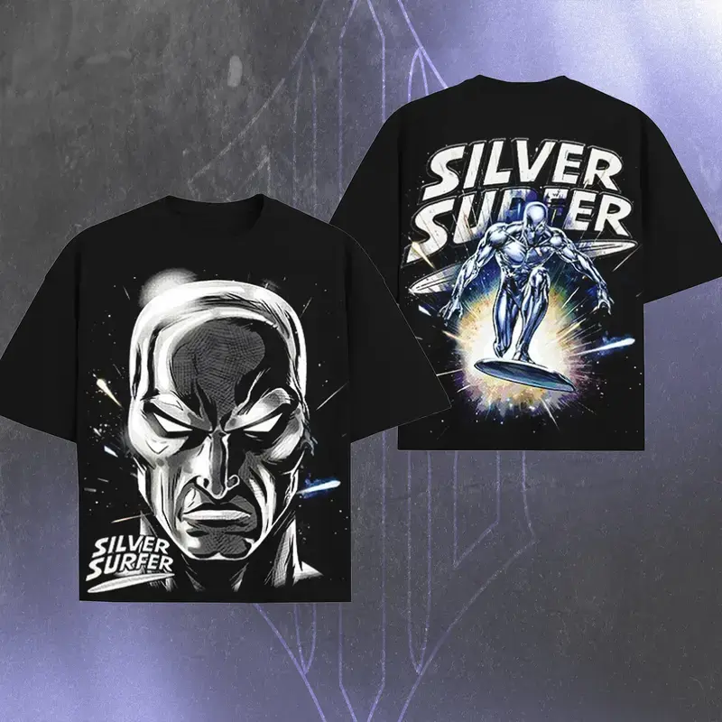 Vintage Silver Surfer Double Sided Black T Shirt Front Silver Surfer Face Portrait Graphic Back Cosmic Surfer Board Pose SILVER SURFER Letter Print Oversized Unisex Cotton Comic Hero Short Sleeve Streetwear Tee