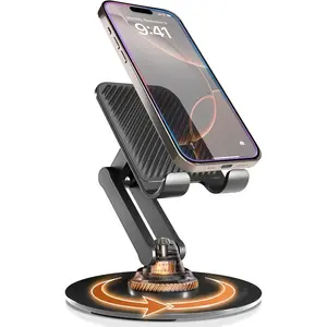 360° Rotating Cell Phone Stand for Desk, Sturdy Metal Base Phone Holder, Foldable & Portable Desktop Mobile Stand for Smartphones & Tablets, Hands-Free Viewing, Piano Black
