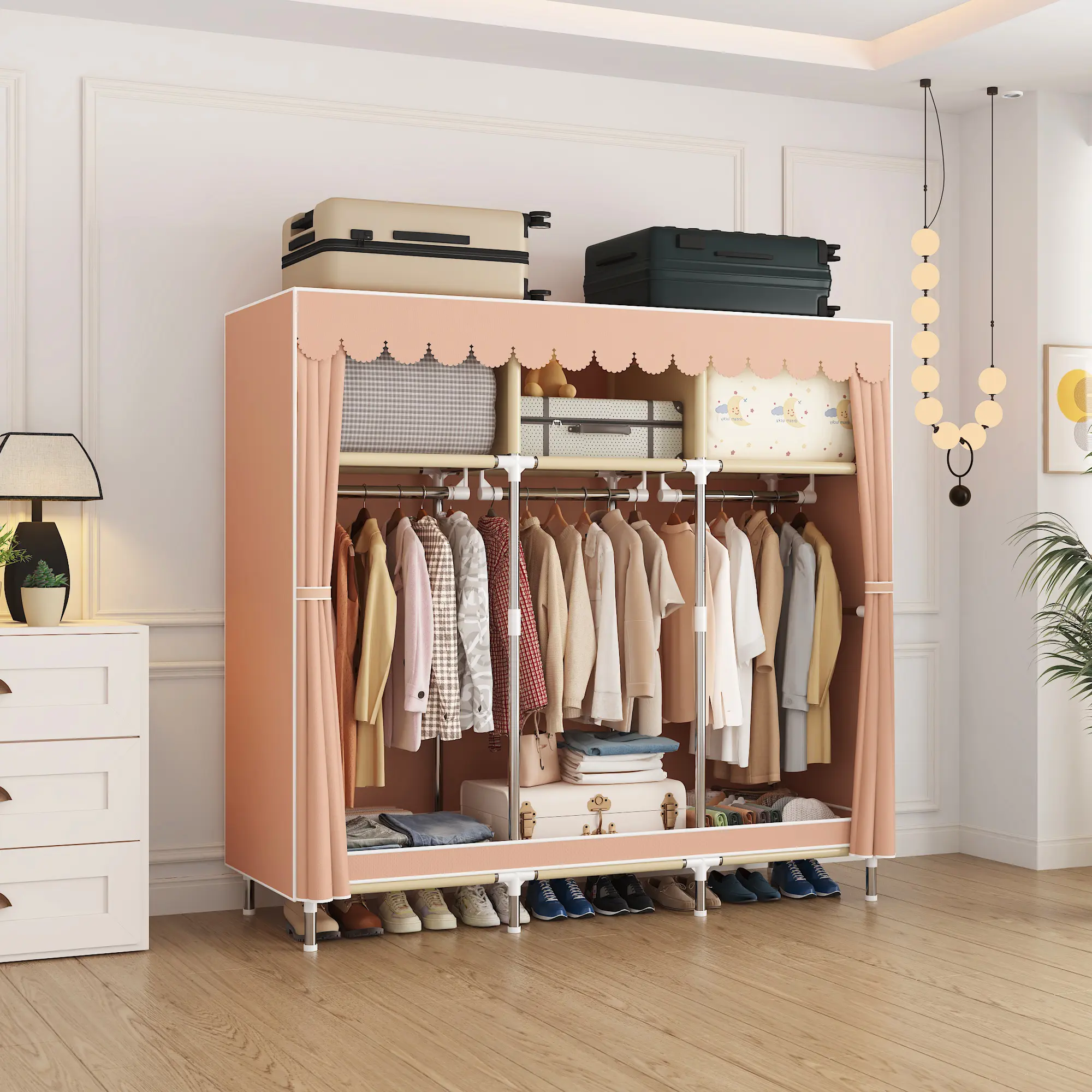 Portable Closet Wardrobe with Curtain Doors, 16mm Sturdy Steel Pipe Frame Dustproof Multi-Color Options, Clothes Storage Organizer for Bedroom Dorm Apartment Small Space