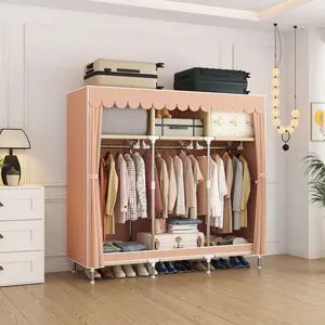 Portable Closet Wardrobe with Curtain Doors, 16mm Sturdy Steel Pipe Frame Dustproof Multi-Color Options, Clothes Storage Organizer for Bedroom Dorm Apartment Small Space