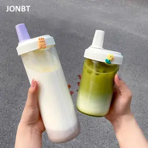 Cute Bubble Tea Kids Water Bottle Glass Plastic Coffee Boba Juice Milk Cups Girls Drinking Bottle With Straw Sticker BPA Free