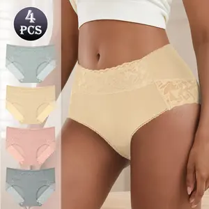 QUASTI 4-Pack Women's High Waist Lace Cotton Briefs, Soft Breathable Hip Lifting Underwear, Skin-Friendly Seamless Contrast Lace Panties, Fashionable Elegant Elasticity Butt-lifting, S-XXL