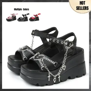 Summer Platform Sandals For Women Sweet Gothic Punk Heart Chain Buckle Comfort Square Toe High Slop Heel Wedge Sandals Black Flatform