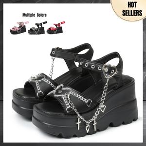 Women's Summer Gothic Punk Platform Heeled Sandals - Sweet Heart Chain Buckle, Comfortable Square Toe, High Slop Wedge Footwear, Black Flatform Shoe,summerwins,summeroutfits,vacationoutfits,beachoutfits