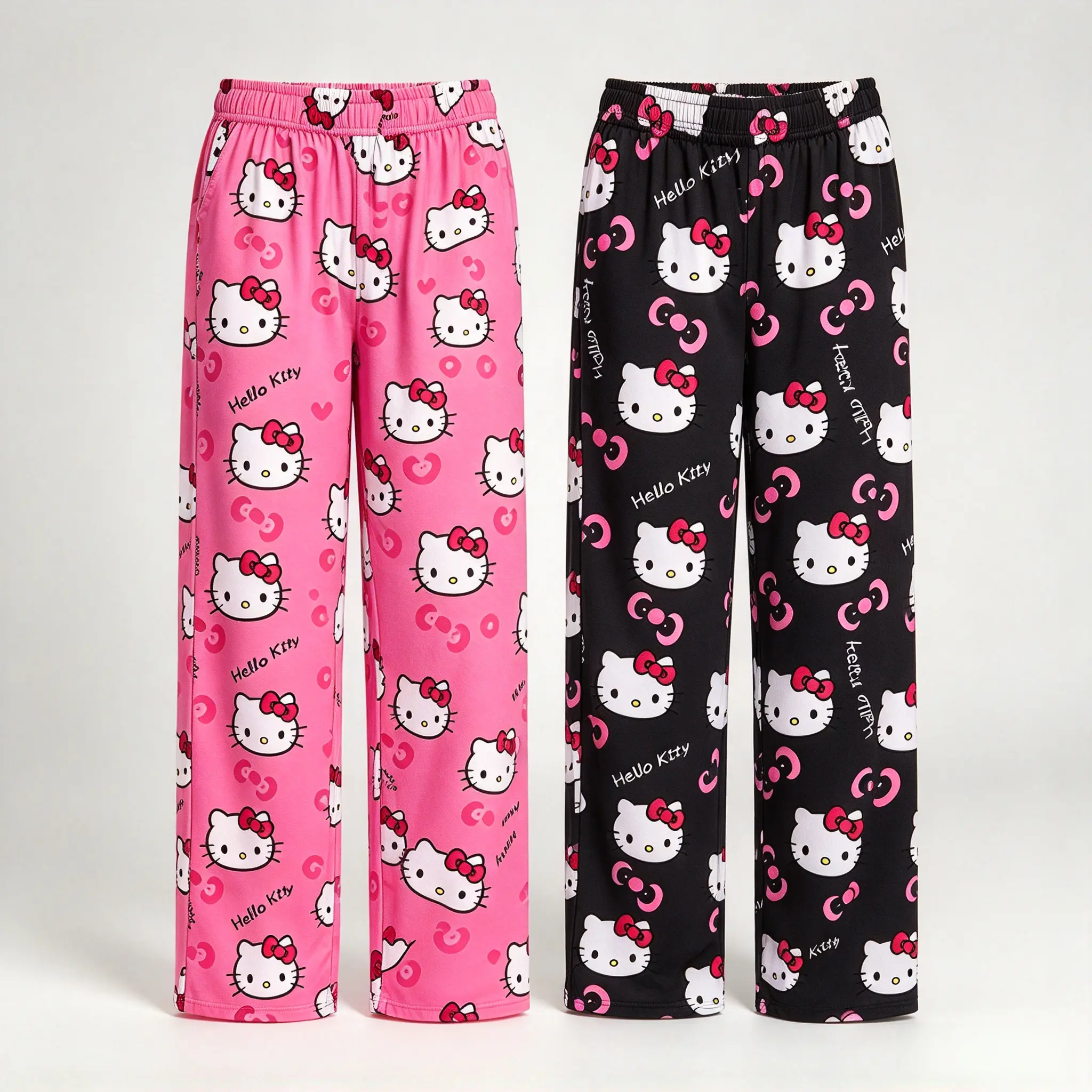 Hello Kitty Pink Allover Print Wide Leg Pajama Pants, Cute Heart Pattern Elastic Waist Sleep Pants, Soft Casual Loungewear Trousers for Women