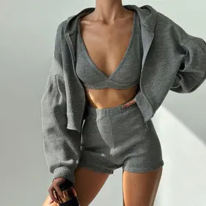 Casual Sportswear Set (3-Piece), Cropped Zip-Up Hoodie, Tank Top & Shorts, Fashion Trends, Breathable Fabric, Suitable For Everyday Wear