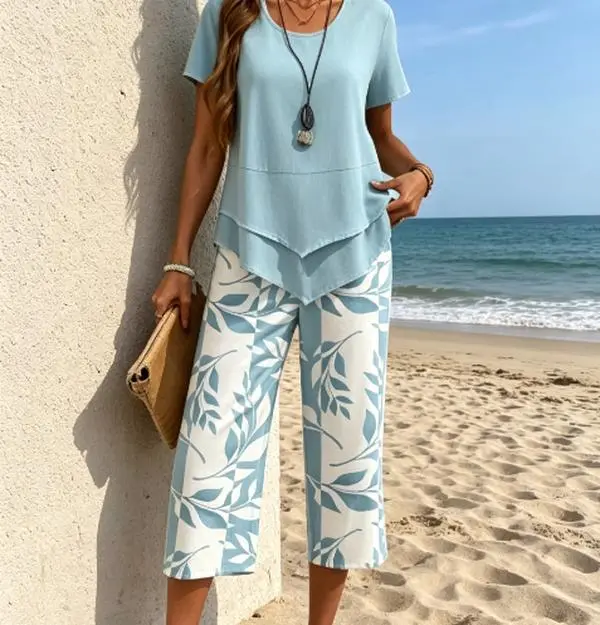 Women's 2 Piece Set, Lightweight Casual 3/4 Sleeve Blouse & Printed High Waist Wide Leg Pants for Summer Vacation, Two Piece Set