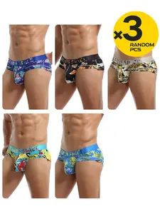 2/3/4 Packs Random Color Men's Low-Rise Triangle Underwear Tropical Print Mesh Bikini New Style Breathable Brief Underwear for Home Daily Leisure, Daily Briefs Set