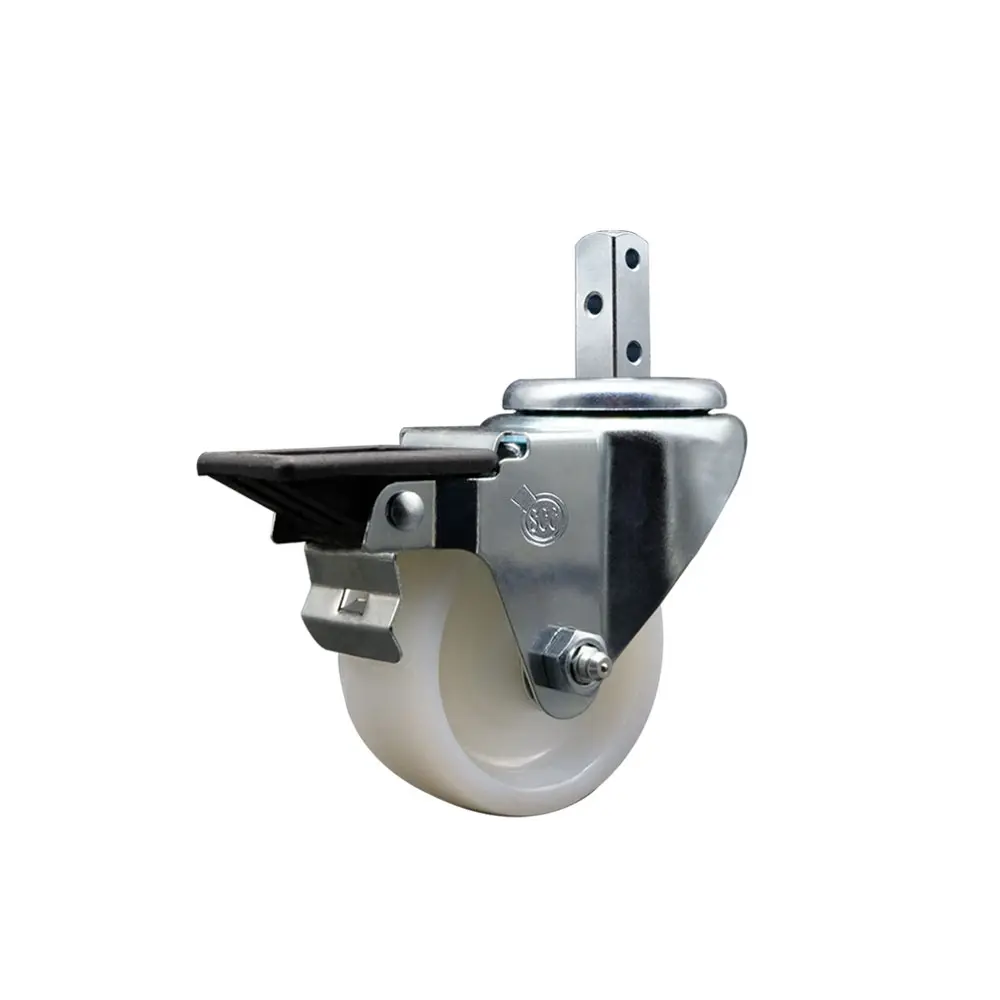 Service Caster SCC-SQ20S314-NYS-PLB-34 Swivel Type Stem Mount Metal Caster, 3x1.25in White Nylon Wheel, 0.75x2in Square Stem, 3x0.26in Mounting Holes, Posi-Lock Brake, 300 lbs Capacity, Low Rolling Resistance for Carts/Equipment, Maintenance Free, Casters