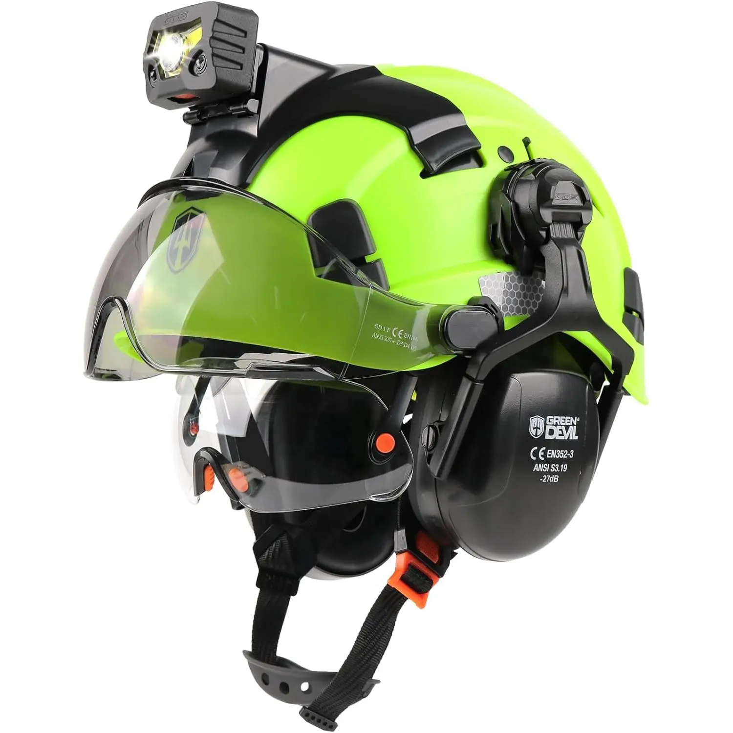 Vented Hi-Viz Safety Hard Hat (2.3 lbs, 14.1 in) - 7-in-1 Kit with Rechargeable Headlamp for Hands-Free Illumination, Dual Visor, Ear Protectors, Detachable Hearing Protection, Adjustable Ratchet Suspension, Drawstring Bag for Construction, Hot Days, Adva