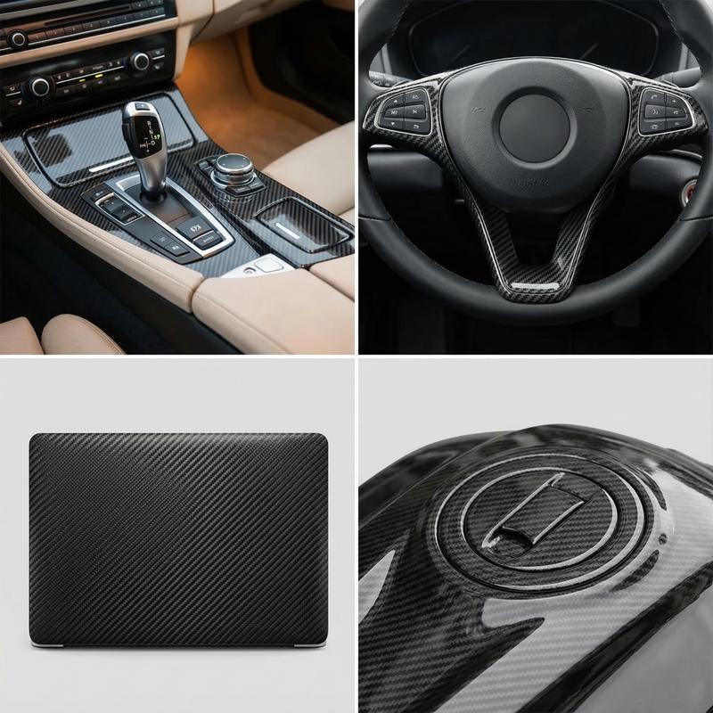 FONESO 7D Super Glossy Black Carbon Fiber Vinyl Wrap with Cutter & Hand Tool Set, Anti-Wrinkle, Air Release Automotive Bubble Wrap 60"x12", Self Adhesive Car Vinyl Sticker DIY Decals 1FT x 5FT Universal Fit for Car SUV Truck Motorcycle Bicycle - Black