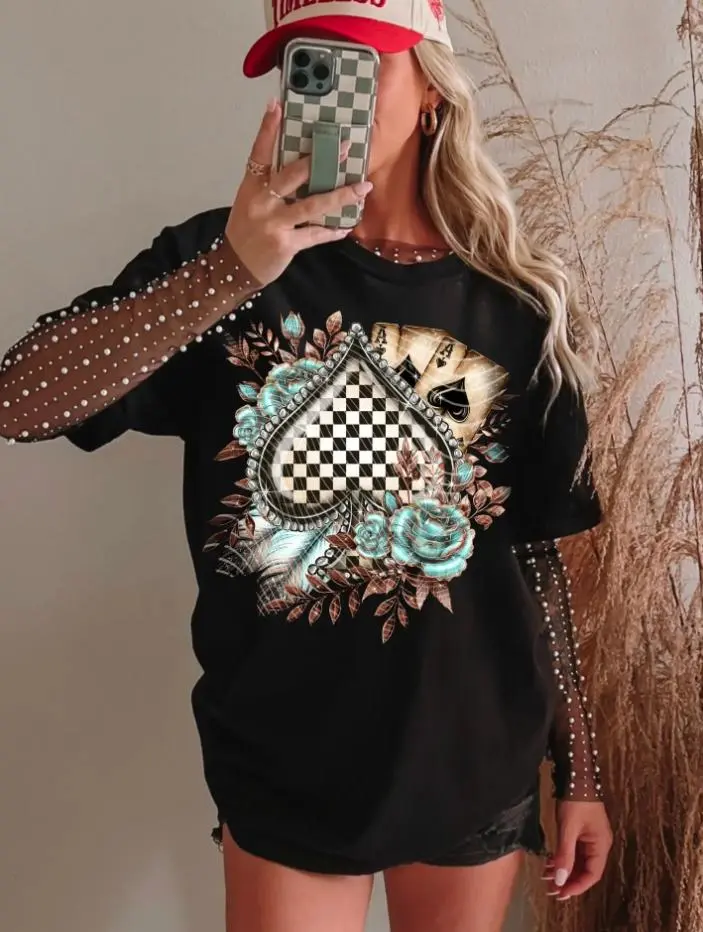 Checker Spades T-Shirt, Western Boutique Wholesale, western for women, graphic t-shirts, comfort color shirt MJSJ