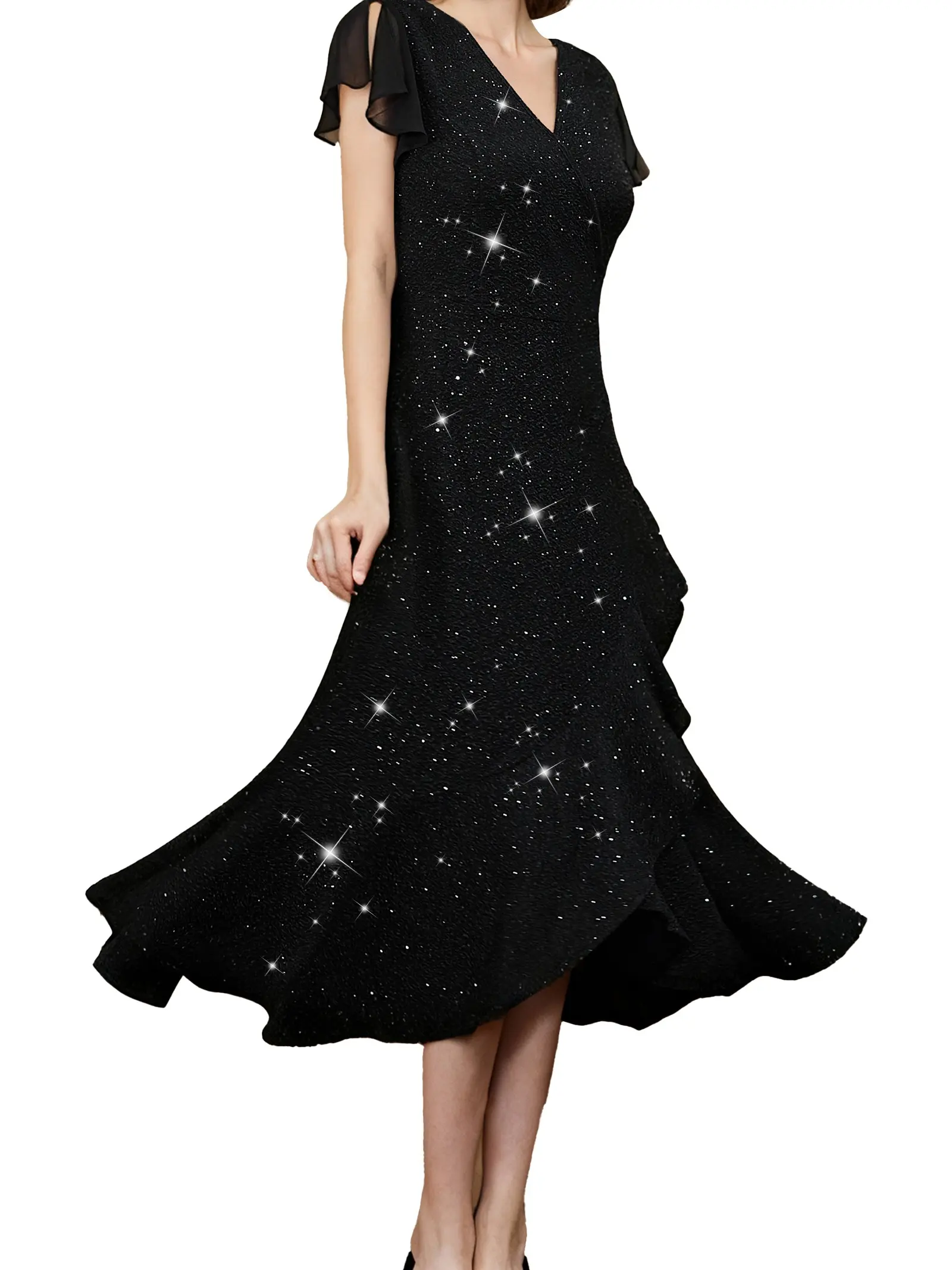 Women Black Sparkly Wrap Maxi Dress V Neck Flutter Sleeve Irregular Ruffle Hem Evening Party Dress LE-LQ018
