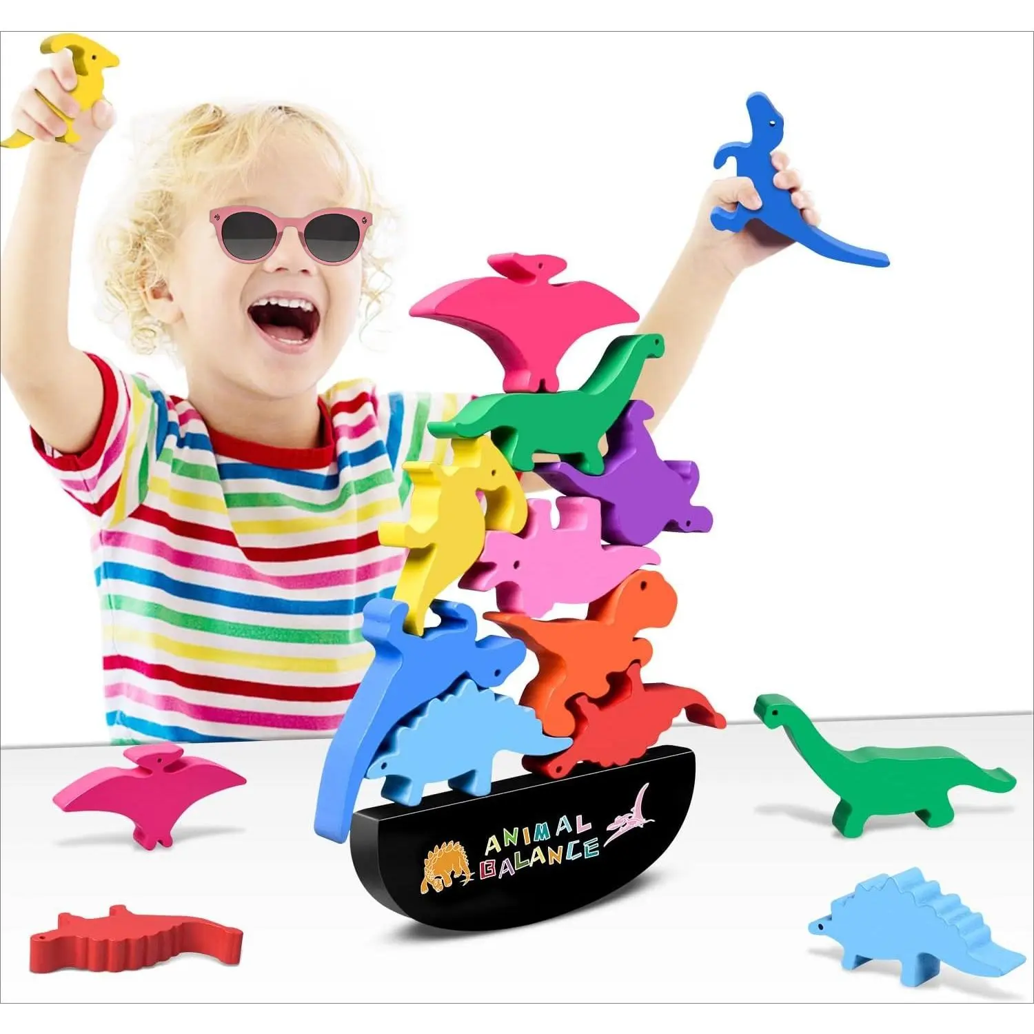 F-MTS07 Montessori Wooden Dinosaur Stacking Balancing Block Set - Safety First Toy for 2-4 3-5 Years Kids, Teamwork Learning Tool, Perfect Gift for Birthdays, Bigger Size