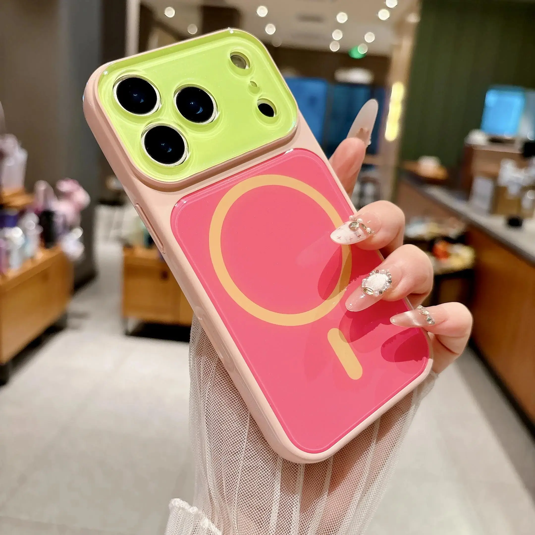 Dopamine Color Block MagSafe Compatible iPhone Case for iPhone 17 Pro Pro Max 16/15/14 Pro Pro Max, Shock Absorbing Anti-Drop Protective Cover, Screen Guard Large Lens Window Magnetic Phone Case