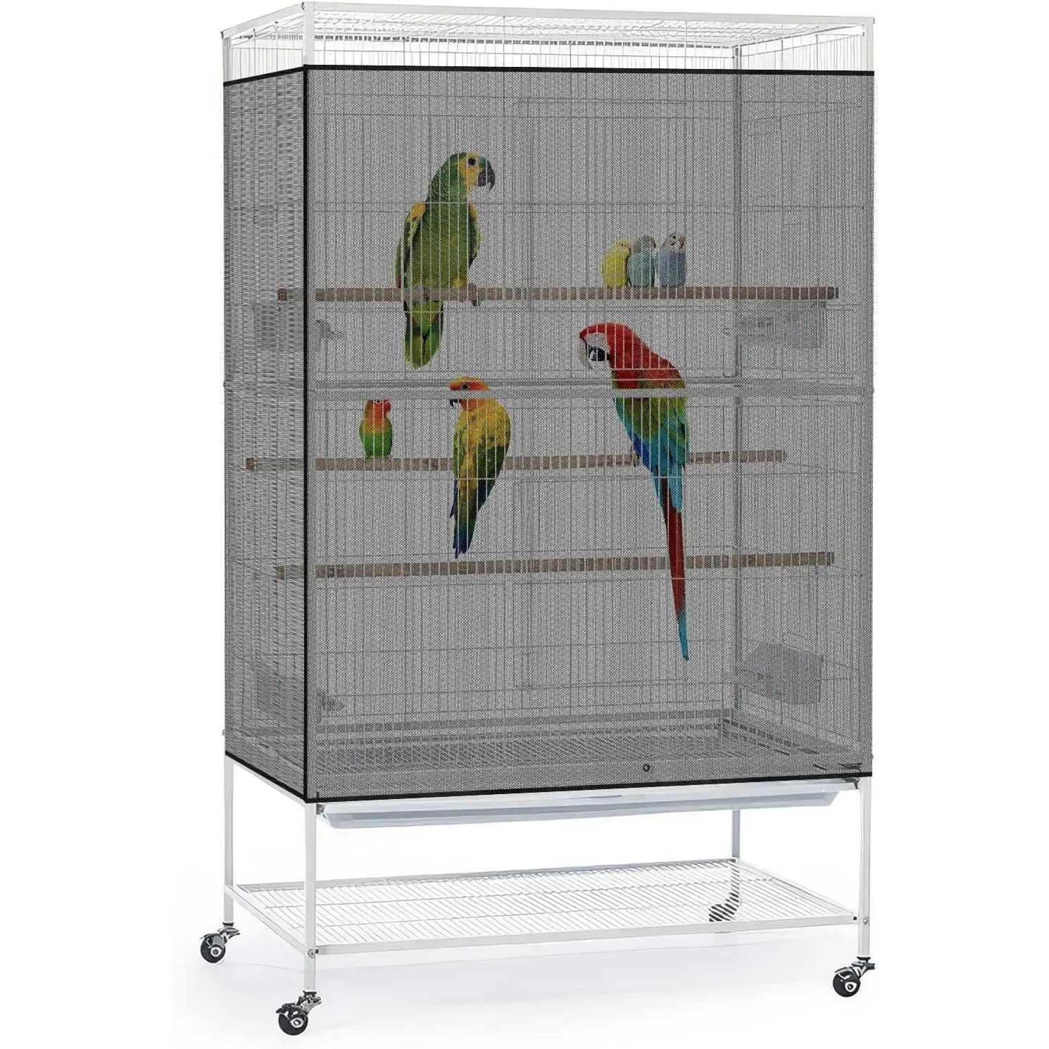 Bird Cage Seed Catcher, 90-118'' Universal Birdcage Net Nylon 31.8'' H Adjustable Elastic Band Stretchy Skirts Mesh Cover for Parrot Cage Seed Guard (Not Include Birdcage)- Black