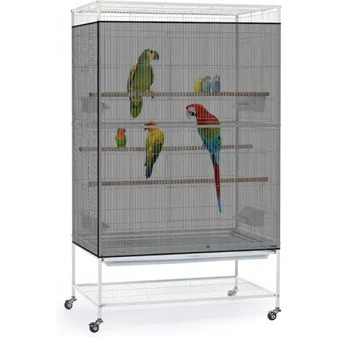 Bird Cage Seed Catcher, 90-118'' Universal Birdcage Net Nylon 31.8'' H Adjustable Elastic Band Stretchy Skirts Mesh Cover for Parrot Cage Seed Guard (Not Include Birdcage)- Black