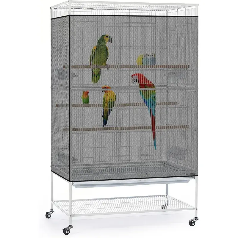 Bird Cage Seed Catcher, 90-118'' Universal Birdcage Net Nylon 31.8'' H Adjustable Elastic Band Stretchy Skirts Mesh Cover for Parrot Cage Seed Guard (Not Include Birdcage)- Black