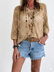 Women's Boho Crochet Tops V Neck Hollow Out Knit Shirts Summer Festival Vacation Outfits Short Batwing Sleeve Pullovers Blouses