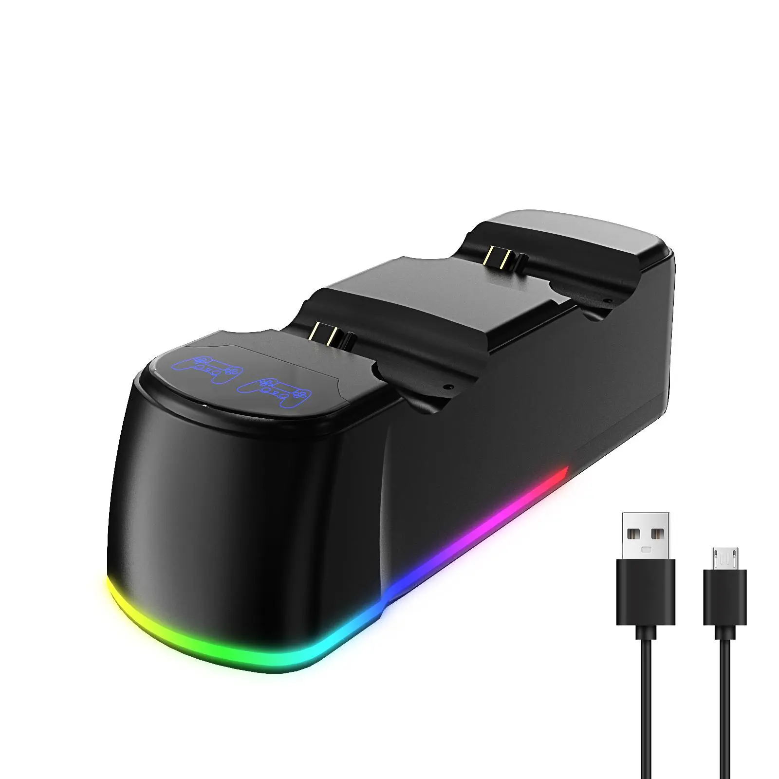Dual USB Charger, 1.8 Hour Fast Gamepad LED Charge Station with RGB Ambient Light, Charger for PS4/PS4 Slim/PS4 Pro, Micro