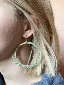 Green Crochet Hoop Earrrings, Casual, Elegant