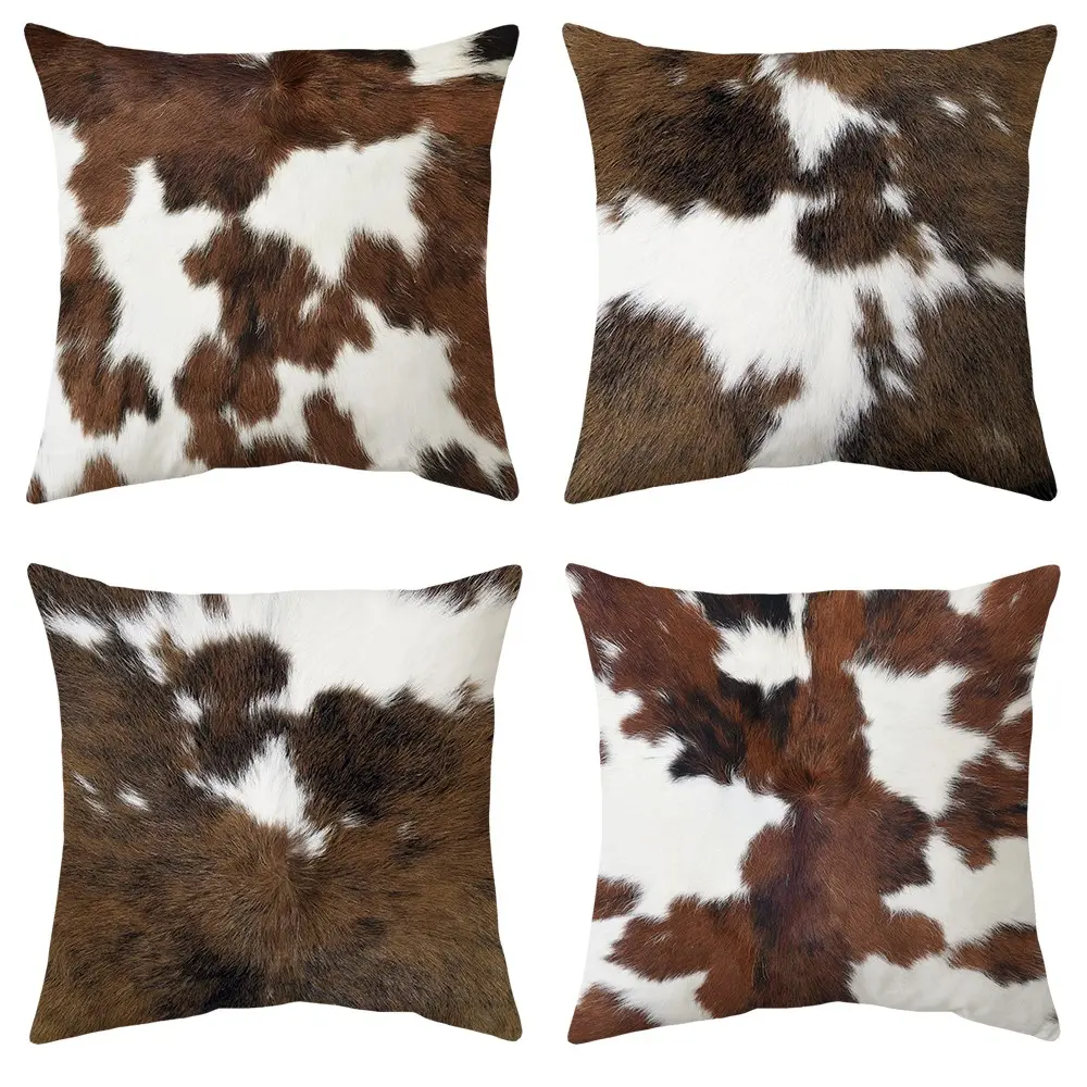 4pcs Boho Rustic Polyester Throw Pillow Covers, Farmhouse Decor Cowhide Cushion Case, Decorative Pillow Cover for Farmhouse Living Room and Bedroom Couch Sofa, Home Decor, Bedroom Decorative Accessories, Single-Sided Printed, No Pillow Insert, 18x18-Inch
