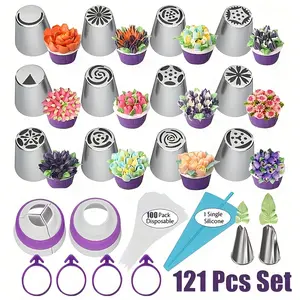 121pcs Russian Piping Nozzle Set with 12 Flower, 2 Leaf Tips, 2 Couplers & 100 Bags - Heavy-Duty Metal Cake Decorating Tips Kit for Fondant, Icing, Cupcakes, - Complete Baking Supplies for Beginners & Professional Bakers