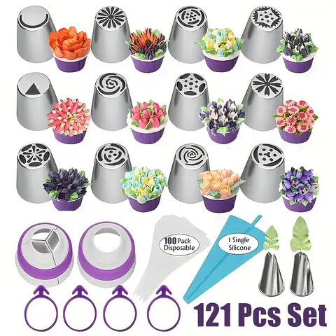 121-Piece Durable Non-Toxic Stainless Steel Heavy-Duty Russian Piping Nozzle Bakeware Set - 12 Floral, 2 Leaf Tips, 2 Couplers, 100 Bags for Fondant, Icing - Buttercream Birthday Cake, Cake Molding, Decorating Icing Piping Nozzles for Beginners
