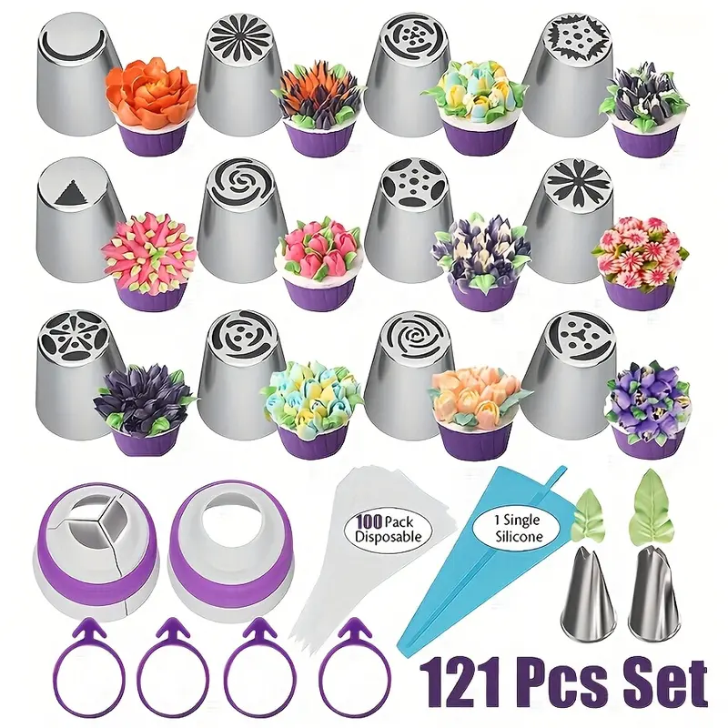 121-Piece Durable Non-Toxic Stainless Steel Heavy-Duty Russian Piping Nozzle Bakeware Set - 12 Floral, 2 Leaf Tips, 2 Couplers, 100 Bags for Fondant, Icing - Buttercream Birthday Cake, Cake Molding, Decorating Icing Piping Nozzles for Beginners