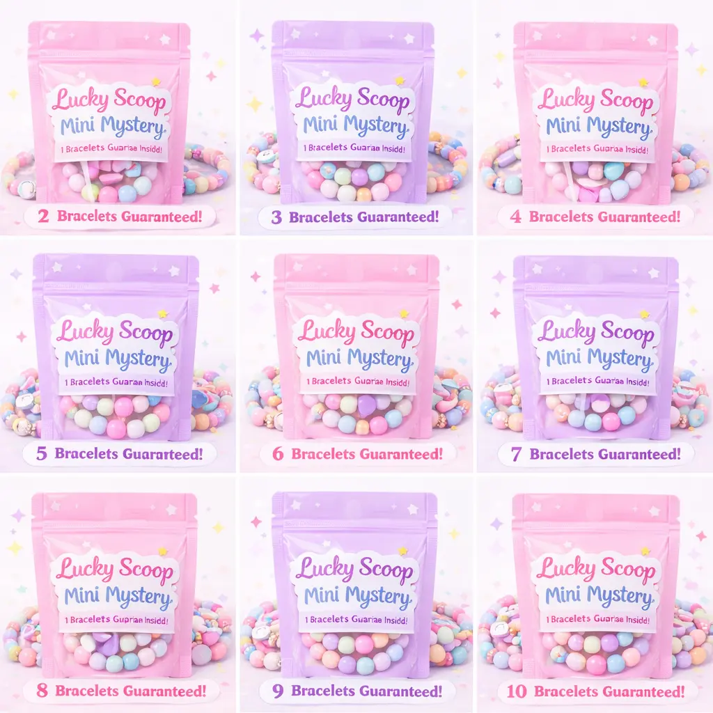 5, 10 or 15 bags of bracelets, some with extra surprise items included.  A wide variety of glass bead bracelets and stationary items .