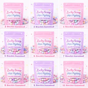 5, 10 or 15 bags of bracelets, some with extra surprise items included.  A wide variety of glass bead bracelets and stationary items .