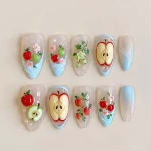 Apple Fruit Press On Nails, Cute Cherry Blossom Nails, Blue French Tip Nails, 3D Fruit Nail Art, Spring Summer Almond Nails