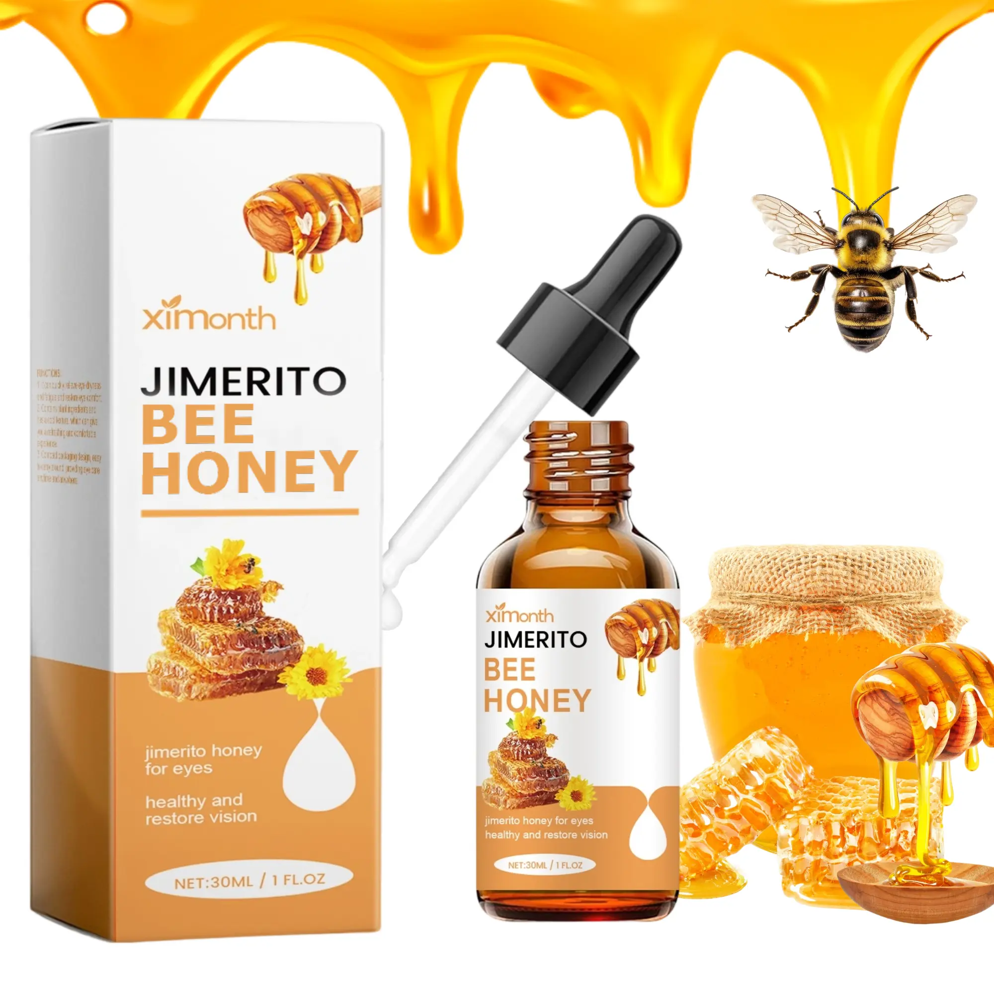 Jimerito Bee Honey Eye Care Serum, Natural Honey Extract Moisturizing Eye Essence, Refreshing & Soothing Daily Eye Care Liquid for Dry Tired Eyes, 30mL